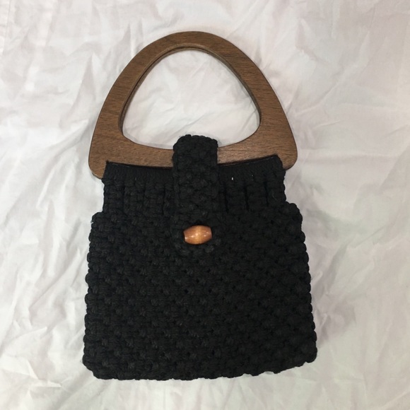70s Vintage Handmade Macrame Bag Wooden Handle - Picture 2 of 8